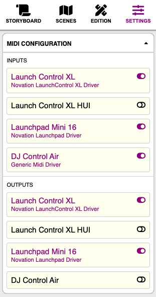 Obscene Studio Midi Settings showing different MIDI Devices