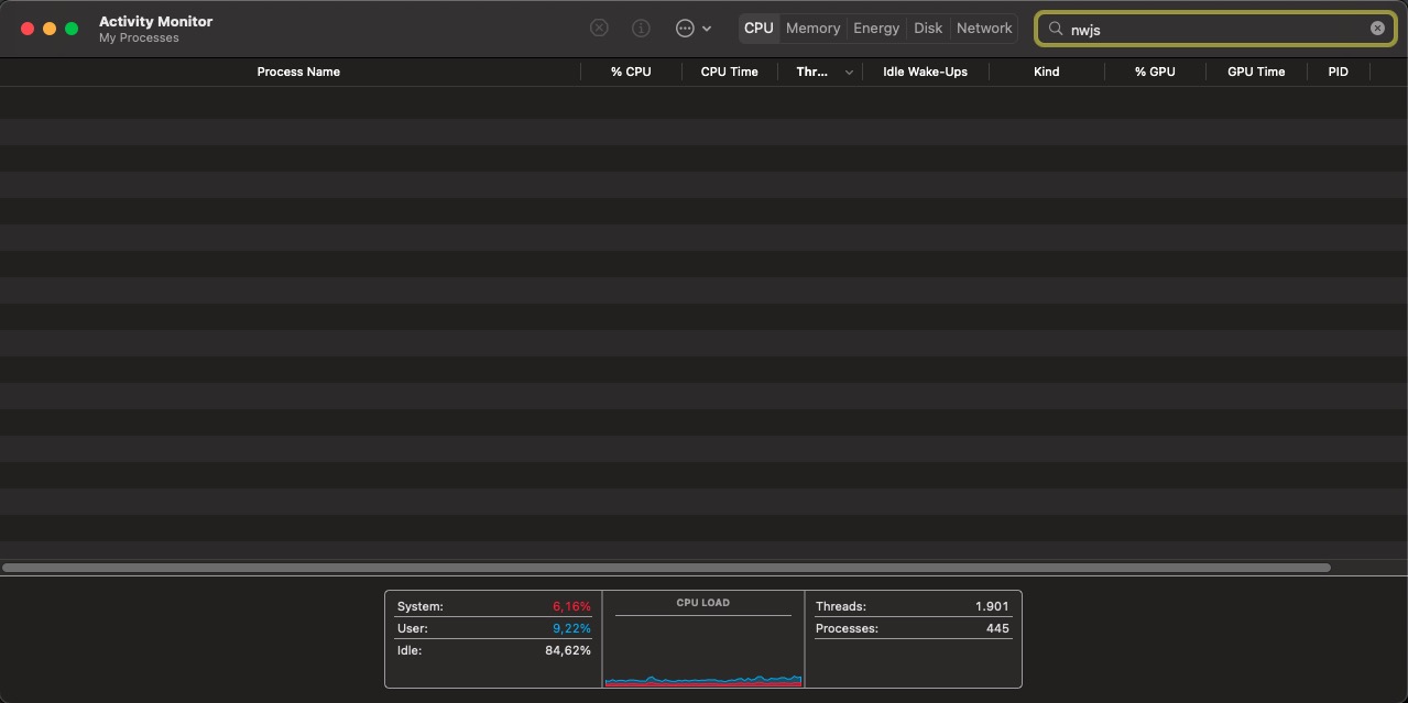 Activity Monitor in macOS: No NWJS Processes running