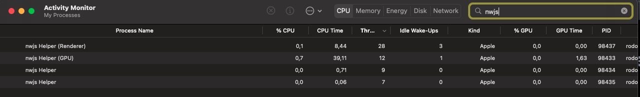 Activity Monitor in macOS: Normal NWJS Processes running