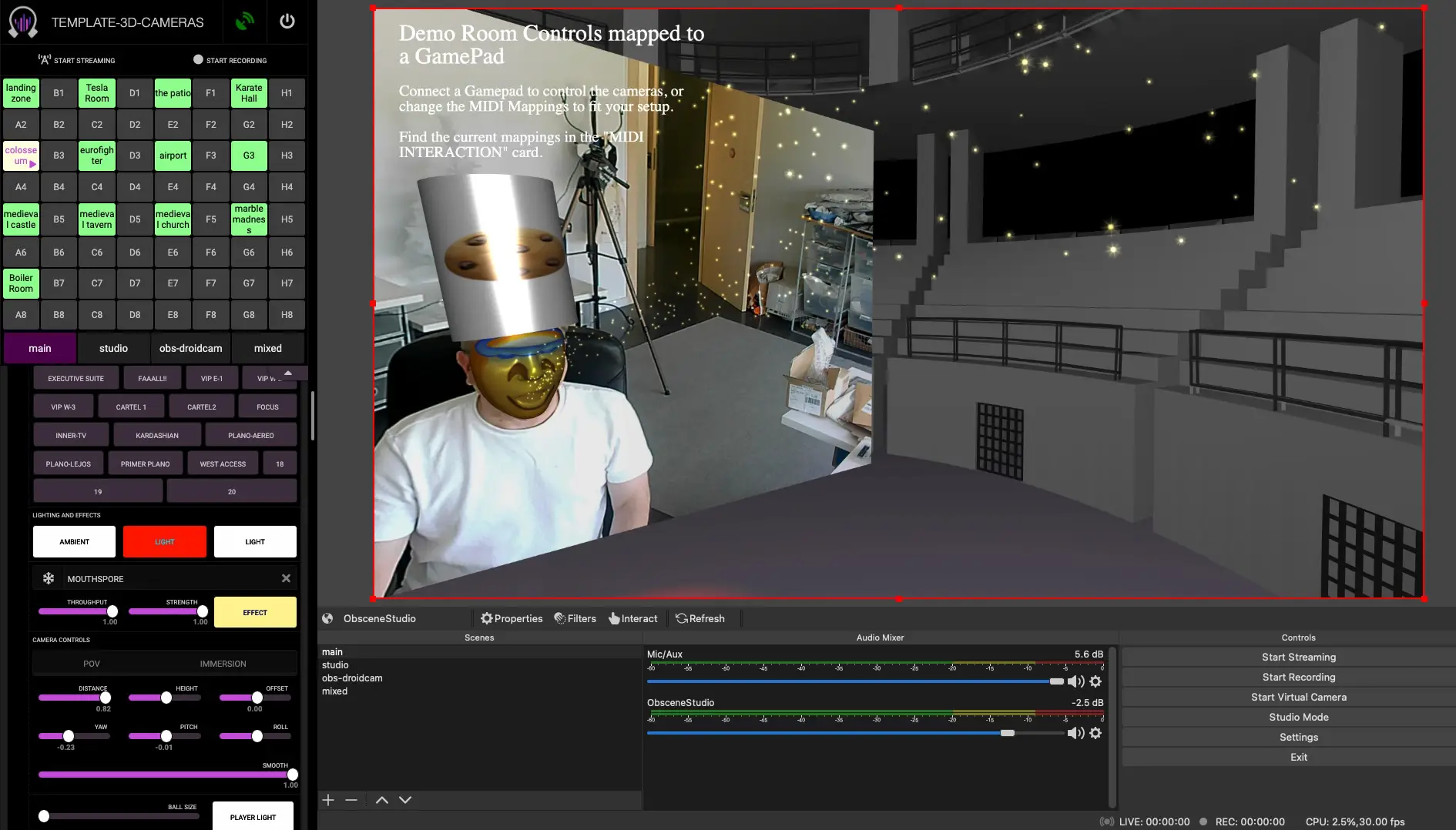 Obscene Studio Player alongside OBS Studio during a 3D Livestreaming session. From top to bottom of the Side panel: Scene Map, OBS Scenes, 3D Camera Presets, Lighting, Particle effects, Camera Selection and Controls